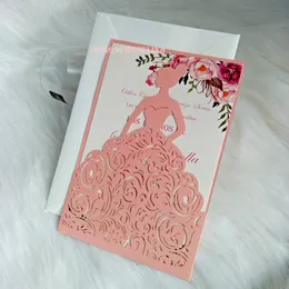 Lovely Pink Girl Princess Invitations Laser Cut Quince Invitation with Envelope Hollow Invitation for Bridal Shower