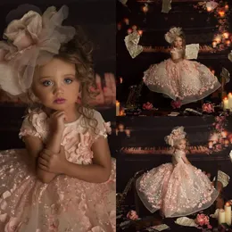ثوب الكرة الوردي زهرة الفتيات الفتيات لحفل زفاف جوهرة الرقبة 3D الزهور حبة الأطفال الاطفال فستان الأميرة