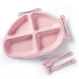 Airplane Cartoon Baby Bowls Set Spoon Fork Wheat Straw Child Feeding Tableware Dinnerware Baby Food Plate Dish