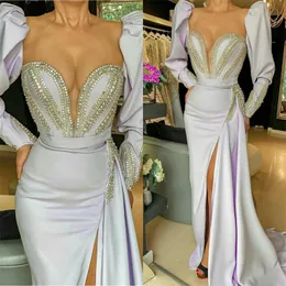 Glitter Mermaid Evening Dresses Sexy Sweetheart Long Sleeve High-split Sequins Crystal Prom Dress Sweep Train Formal Party Gowns Hot Sell