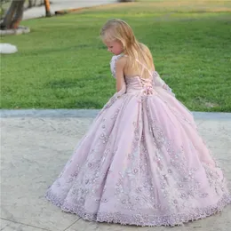 2019 Dusty Pink Lace Appliqued Ball Gown Flower Girl Dresses Vintgae Pearl Paged Spaghetti Fiomal Girl Party Birthday Communicat207V