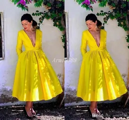 Sexy Cheap Yellow A Line Prom Dresses Long Deep V Neck Long Sleeves Pleats Ankle Length Formal Dress Evening Gowns Vestidos De Noiva ogstuff