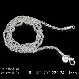 Nowy 3mm skręcone łańcuchy linowe dla kobiet Mężczyźni 925 Sterling Silver Choker Naszyjniki Biżuteria w luzie 16-30 cali