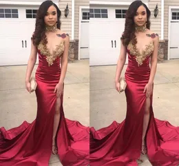 African Hot Selling Dark Red Mermaid Prom Dresses 2019 Gold Appliques Sweetheart Split Party Evening Gowns Elegant Evening Formal Dress