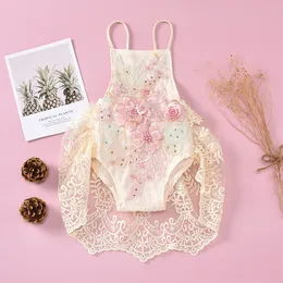 Dziewczynek Koronki Romper Summer Infant Cekiny Haftowane Zroszony Płatek Tulle Księżniczka Kombinezon Maluch Kwiat Spaghetti Pasek Onesie C6487