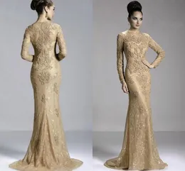 2019 Cheap Mother Of The Bride Dresses Mermaid Jewel Neck Long Sleeves Full Gold Lace Appliques Beaded Plus Size Party Dress Evening Gowns