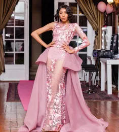 ASO EBI 2020 Blush Blush Pink Lace Evening Pearls Sheer Neck Prom Dresses Mermaid Party Second Orvice ZJ256