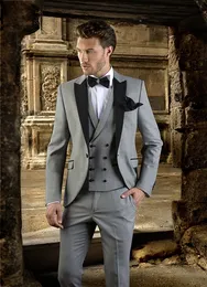 Fashion Light Grey Groom Tuxedos Black Peak Lapel Men Wedding Tuxedos Men Jacket Blazer Excellent 3 Piece Suit(Jacket+Pants+Tie+Vest) 825