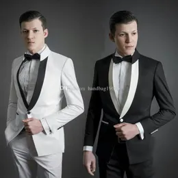 Wysokiej jakości jeden przycisk Czarny / Biały Groom Tuxedos Stand Collar Groomsmen Mens Garnitury Ślub / Prom / Dinner Blazer (Kurtka + Spodnie + Krawat) K354