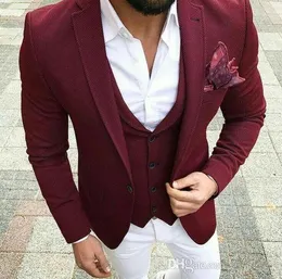 Burgundy Wedding Mens Passar Custom Slim Fit Groom Tuxedos Shawl Lapel 3 Piece Jacka Byxor Male Blazer (Jacka + Byxor + Vest + Slips)