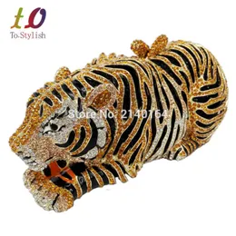 Grossist- Snygg Animal Tiger Diamond Evening Bag Guld Lyx Diamante Crystal Clutchväska Bröllop elegant brud Festbankett Handväska