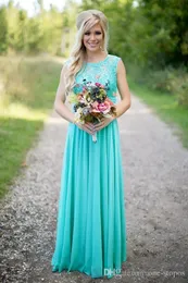 2019 New Teal Country Bridesmaid Dresses Scoop A Line Chiffon Lace V Backless Long Billiga brudtärna klänningar för bröllop BA1513338309V