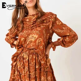 Everkaki Women Blouse Toppar Ruffles Boho Print 2019 Höst Vinter Långärmad Snörning Patchwork Gypsy Ladies Casual Top och Blusar