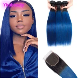Peruvian Human Hair Straight 3 Bundles With 4X4 Lace Closure 1B/Blue Ombre Virgin Hair Extensions 4 pcs Straight 1b Blue