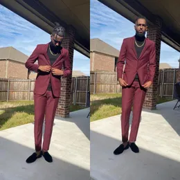 New Arrival Burgundy Mens Suits Two Buttons Groomsmen Wedding Tuxedos Notched Lapel Groom Suit Cheap Prom Blazers(Jacket+Pants)