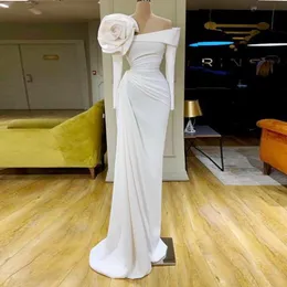 Simple White Evening Dresses With handmade Flowers Long Sleeves Mermaid Prom Dress Pleats Dubai African Gowns vestido de gala largo