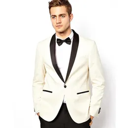 Fashion Ivory Groom Tuxedos Black Shawl Lapel Groomsmen Wedding Tuxedos Excellent Men Formal Blazer Prom Jacket Suit(Jacket+Pants+Tie) 858