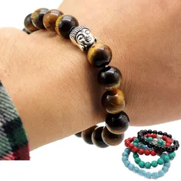 Mens 10mm Tiger Eye Beads Charm Bracelets Buddha Beaded Chakra Healing Meditation Natural Turquoise Hand Chain Elastic Bracelet Jewelry Gift