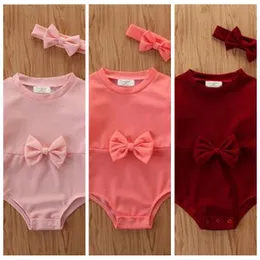 Kids Designer Clothes Girls Solid Jumpsuits Bow Hair Band 2 Pcs Sets Baby Long Sleeve Rompers Infant Bowknot Ruffle Bodysuits Color ZYQA490