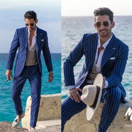 2020 Blue Stripe Men Suits Blazer Wedding Suit Magro Fit 2 Peças Noivo TuxeDos Melhores Mens Prom Ternits (Jacket + Calças)