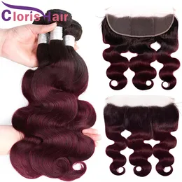 Ombre 1B 99J Brazilian Virgin Human Hair 3 Bundles With Closure Body Wave 13x4 Full Lace Frontals Colored Burgundy Weaves Closure 4pcs