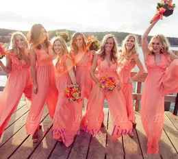 2022 New Arrival Chiffon Coral Bridesmaid Dress Long Jumpsuits V Neck Plus Size Beach Wedding Guest Party prom Dresses287x