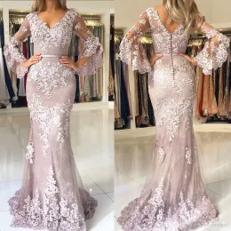 2018 Modesto Rosa Empoeirado Vestidos de Baile Manga Longa Poeta Rendas Applique V Neck Sereia Sweep Train Fita Evening Formal Wear Custom Made