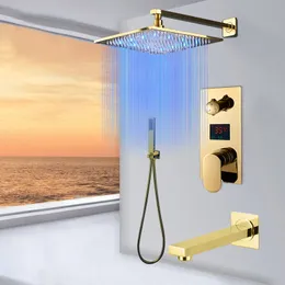 Goldene polierte Digitalanzeige Bad-Duscharmatur Regenfall LED 3-Wege-Badezimmerarmatur Dreifach-LCD-Mischer Valve2502