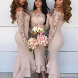 2020 Mermaid Bridesmaid Dresses Off Shoulder Lace Appliques Long Sleeves Tiered Ruffles Ankle Length Wedding Guest Dress Maid Of Honor Gowns