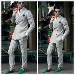 Double Breasted Men Tuxedos Groom Wedding Suits Slim Fit Gray Peaked Lapel Mens Suit 2 Pieces Coat Pants (jacket+Pants)