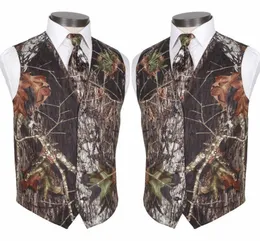 Custom Made Modest Camo Groom Vests Rustic Wedding Vest Tree Trunk Leaves Spring Camouflage Slim Fit Men's Vests 2 Piece Set (Vest+Tie)