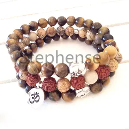 MG0667 Natural Rudraksha Beads Ohm Bracelet Natural 8 mm Tiger Eye Buddha Yoga Mala Bracelet Lotus Charm Yoga Bracelet