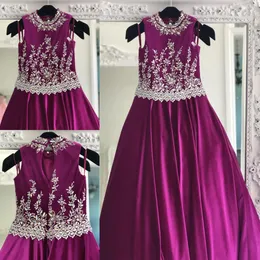 fuchsia velvet dresses for teens 2019 Crystals Rhinestones Long Pageant Gowns for Little Girls Beaded High Neck Formal Par288W