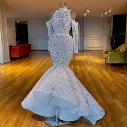 Lyxiga Dubai Sydafrikanska Arabiska Mermaid Bröllopsklänningar High Neck Beaded Crystals Bridal Dress Långärmade Bröllopsklänningar