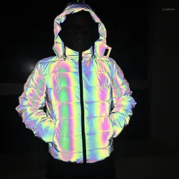 Cappotto riflettente in cotone spesso invernale da uomo riflettente colorato leggero impermeabile antivento addensare giacca con cappuccio soprabito caldo1