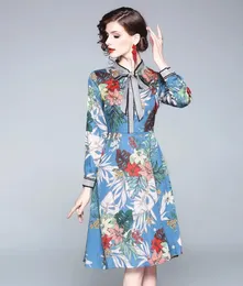 2019 blue bow collar women summer A-Line Flora printed dresses long sleeve Runway Dresses Knee-Length spring Chiffon dresses