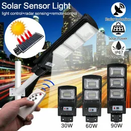 30 W 60 W 90 W 120 W Lâmpada de rua solar Radar Sensor de movimento à prova d' água IP67 parede ao ar livre paisagem jardim luz de estrada com poste