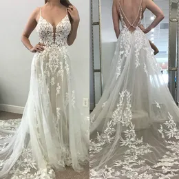 Berta seksowne sukienki ślubne paski spaghetti koronkowe aplikacje backless ślubne suknie ślubne