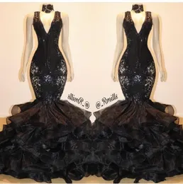 Black Mermaid Prom Dresses 2020 Sparkly Lace Sequins Ruffles Layered Skirt Sexy V-neck Trumpet Evening Gowns Vestidos De Festa