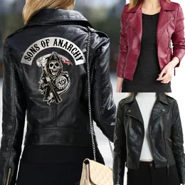 Kadın Sons of Anarchy Deri Ceketler Kış İnce Motosiklet Bombacısı nted Kafatası Siyah Şarap Kırmızı Yılanlar Baskılı ceket tüplü yarım fermuarlı veste