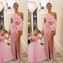 Pink Ruffles Sheath Prom Dresses Sexy High Split One Shoulder Evening Gowns Zipper Back Cocktail Formal Party Dress 2019 Cheap