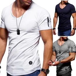 2019 Nowy Zipper Rękaw V Neck Krótki Rękaw T Shirt Men Slim Fit T-shirt Mężczyzna Skinny Casual Summer Tshirt Camisetas Hombre