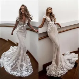 Designer Mermaid Dresses Deep V Neck Sweep Train 3D Floral Applique Beading Cap Sleeve Beach Bridal Dress Boho Wedding Gowns