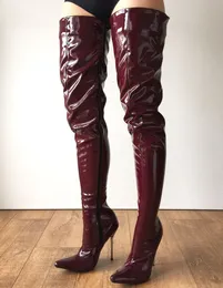 섹시한 갈색 레드 반짝이 80cm 가랑이 허벅지 높은 부츠 여성 지적 발가락 12cm 스틸레토 금속 하이힐 맞춤 넓은 송아지 맞는 신발