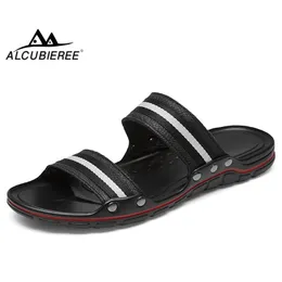 ALCUBIEREE Summer Breathable Mens Sandals Striped Slippers Flat Flip Flops for Man Sandals Outdoor Beach Shoes Non-slip Slides