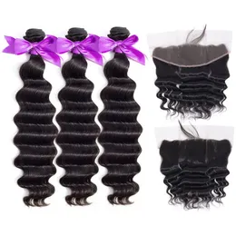 Brasilianska Peruvian Malaysian Indian Loose Deep Wave Curly Virgin Hair Weave 3 Bundes With Lace Frontal Stänger 100% Remy Human Hair