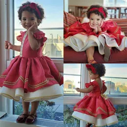 2020 Little Red Flower Girl Dresses For Wedding Lace Broderi A Line Girls Pageant Dress Ruffles Custom Made Barn Födelsedagklänningar