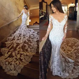 2022 섹시한 백리스 머메이드 웨딩 드레스 긴 소매 레이스 Appliqued V Neck Court Train Beach Bridal Gowns Bohemian Vestido de Novia