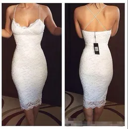 Sexy Plain Lace Cocktail Dresses V Neck Spaghetti Straps Sheath Knee Length Backless White Cocktail Party Dresses Cheap Prom Dresses