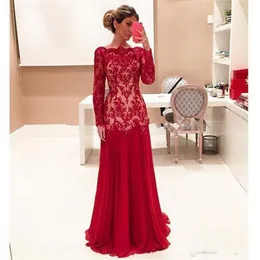 Red Applique Lace Dresses Evening Wear Bateau Long Sleeves Mermaid Prom Dress Vestidos de baile de graduación